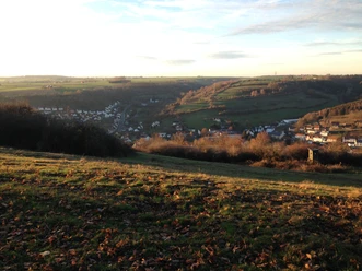 Blick auf Dalhausen Blick über die sanften Hügel der Region Dalhausen bei Sonnenuntergang, mit verstreuten Häusern.