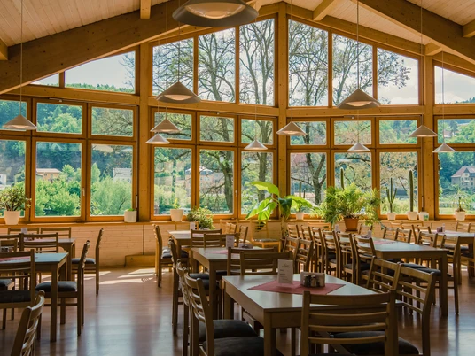 Bright, modern room with large windows, wooden furniture and lots of green plants; a green landscape can be seen outside.