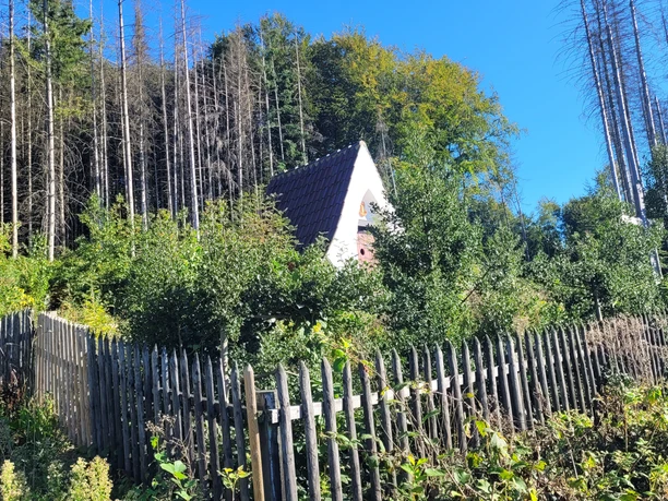 Lehmkapelle Bodelschwingh Eine kleine, weiße Kapelle mit dunklem Dach liegt eingebettet zwischen hohen Bäumen und einem Holzzaun.