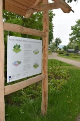 Reimlers Teich Informationsschild mit Text und Grafiken im Freien, umgeben von Naturwegen und üppigem Grün.