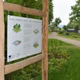 Reimlers Teich Informationsschild mit Text und Grafiken im Freien, umgeben von Naturwegen und üppigem Grün.
