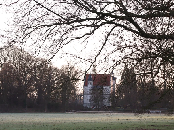 Gut Renkhausen Lübbecke Ein großes, weißes Gebäude steht umgeben von kahlen Laubbäumen auf einer weitläufigen Wiese.