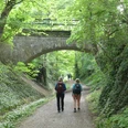 Philosophenweg Zwei Personen wandern auf einem grünen Waldweg unter einer steinernen Brücke entlang.