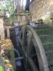 Wassermühle Eilhausen Historische Wassermühle mit hölzernem Wasserrad, umgeben von herbstlichem Laub und fließendem Wasser.