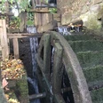 Wassermühle Eilhausen Historische Wassermühle mit hölzernem Wasserrad, umgeben von herbstlichem Laub und fließendem Wasser.