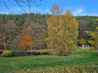 Blick vom Parkplatz auf Altes Bad Ellefeld mit Spielplatz
