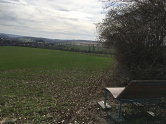 Holzbank am Rand eines grünen Feldes mit weitem Blick auf die sanft geschwungene Landschaft.