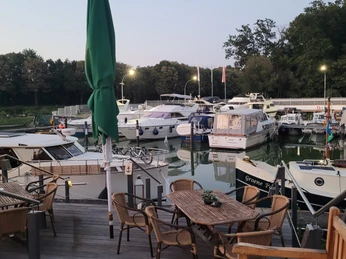 Yachthafen mit verschiedenen Yachten und Booten, umgeben von Bäumen und einem Steg mit Sitzgelegenheiten.