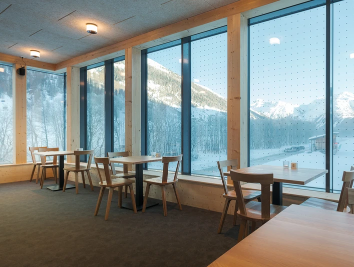 Seating area in the bistro of the Nordic Centre Goms Seating area in the bistro of the Nordic Centre Goms