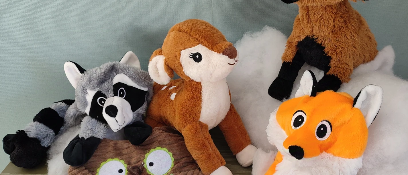 Various cuddly toys, including a raccoon and a fox, are placed on a table in front of a green wall.
