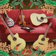 AcousticJam_Weihnachtssingen_20-12-24_web.jpg Vier Musikinstrumente und ein Notizbuch liegen auf einem roten Sofa, umrahmt von dekorativen Zweigen.