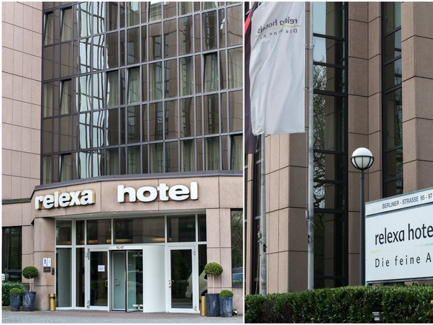 Hoteleingang des relexa hotel Airport Düsseldorf-Ratingen Eingangsbereich des relexa hotel Airport Düsseldorf-Ratingen mit modernen Glas- und Steinelementen.