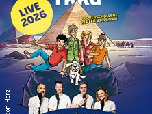 Das Bild zeigt das Plakat eines TKKG Live-Hörspiels mit einer Pyramide und den Charakteren im Vordergrund.