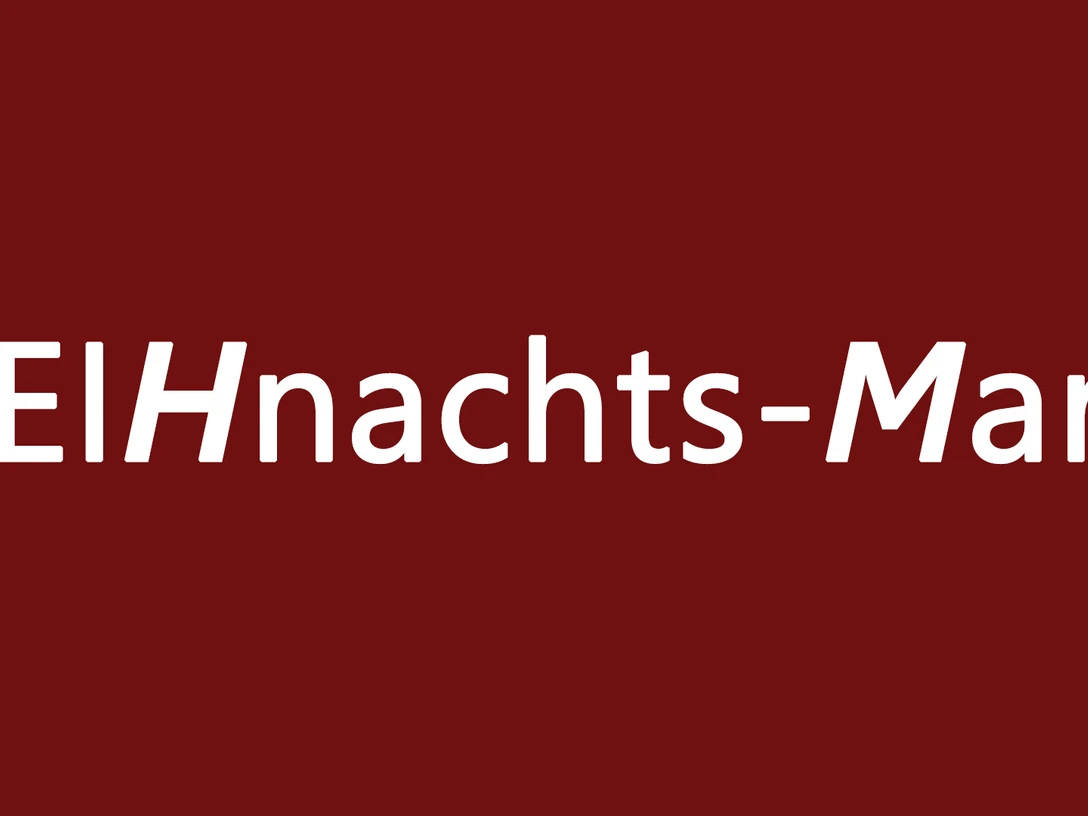 Weihnachtsmarkt.jpg Der Schriftzug "Weihnachts-Markt" auf dunkelrotem Hintergrund in weißer und burgunderfarbener Schrift.