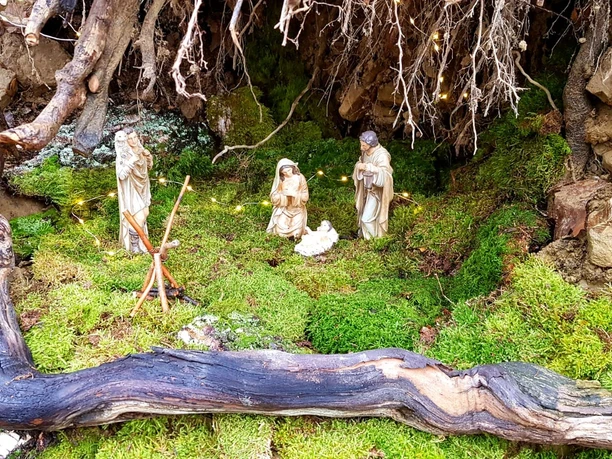 Krippe Hospiz Verein Naturszene mit einer Krippe: Drei Figuren in traditioneller Kleidung auf moosbedecktem Boden unter Wurzeln.