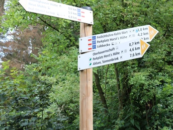 Wegweiser in grüner Umgebung mit Entfernungen zu Wanderrouten rund um Hüllhorst, Holzpfosten.