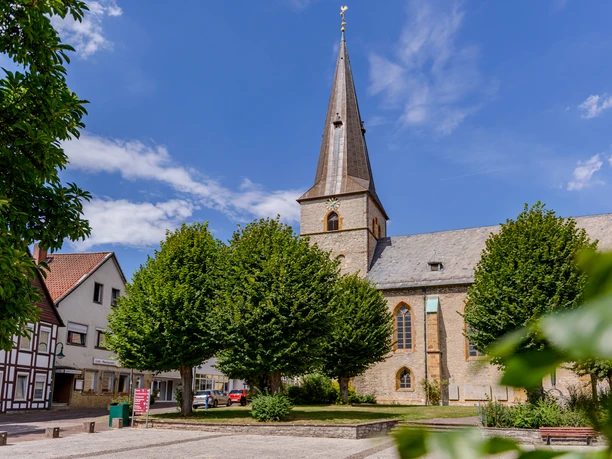 Ev.-Luth. St. Jacobi Kirche Werther Kirche mit hohem Turm umgeben von Bäumen, historisches Fachwerkhaus rechts, blauer Himmel.