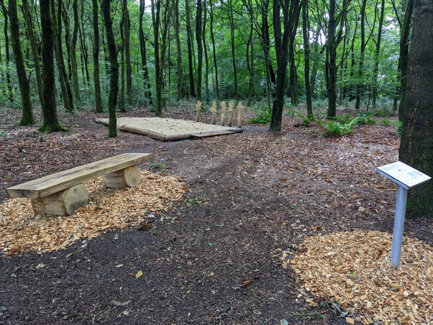 PXL_20220917_102247239-min.jpg Holzbank und Lernstation auf einem Naturpfad im Wald mit Infotafel und sandiger Spielfläche.