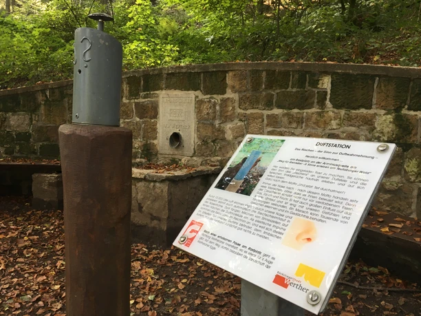 Duftstation im Wald mit Infotafel und Zerstäuber, umrahmt von einer Steinmauer, herbstliche Blätter am Boden.