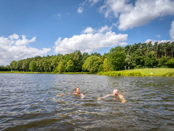 See am Kleihügel Zwei Menschen schwimmen in einem von Bäumen umgebenen See unter einem blauen Himmel mit Wolken.