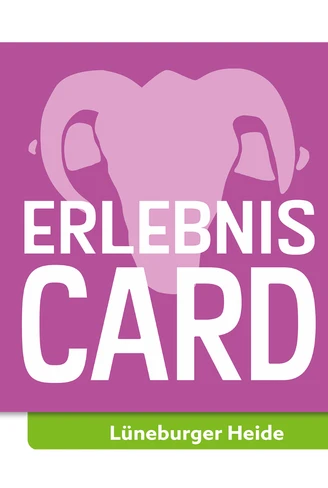 Logo der ErlebnisCard Lüneburger Heide mit stilisiertem Heidschnucken-Kopf in Pink und Grün.Logo of the ErlebnisCard Lüneburg Heath with stylized Heidschnucken head in pink and green.Logo for ErlebnisCard Lüneburg Heide med stiliseret Heidschnucken-hoved i pink og grøn.Logo van de ErlebnisCard Lüneburg Heath met gestileerde Heidschnuckenkop in roze en groen.