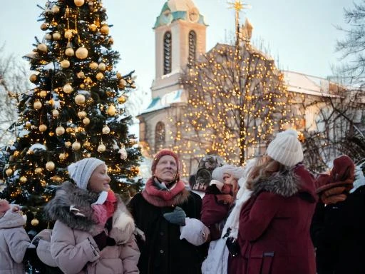 Firefly Chorgesang, jung und alt versammelt, im Winter, hinter Weihnachtsbaum, vor einer Kirche 9456.jpg