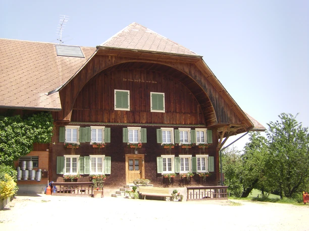 Traditionelles Bauernhaus mit Holzfassade und grünen Fensterläden in ländlicher Umgebung