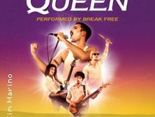 Vier talentierte Musiker auf lila Hintergrund verkörpern Queen in einer dynamischen Konzertszene.