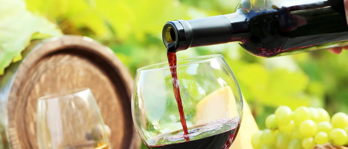 Weintasting Ein Glas Rotwein wird neben einem Weinfass eingeschenkt, im Hintergrund grüne Weinreben.
