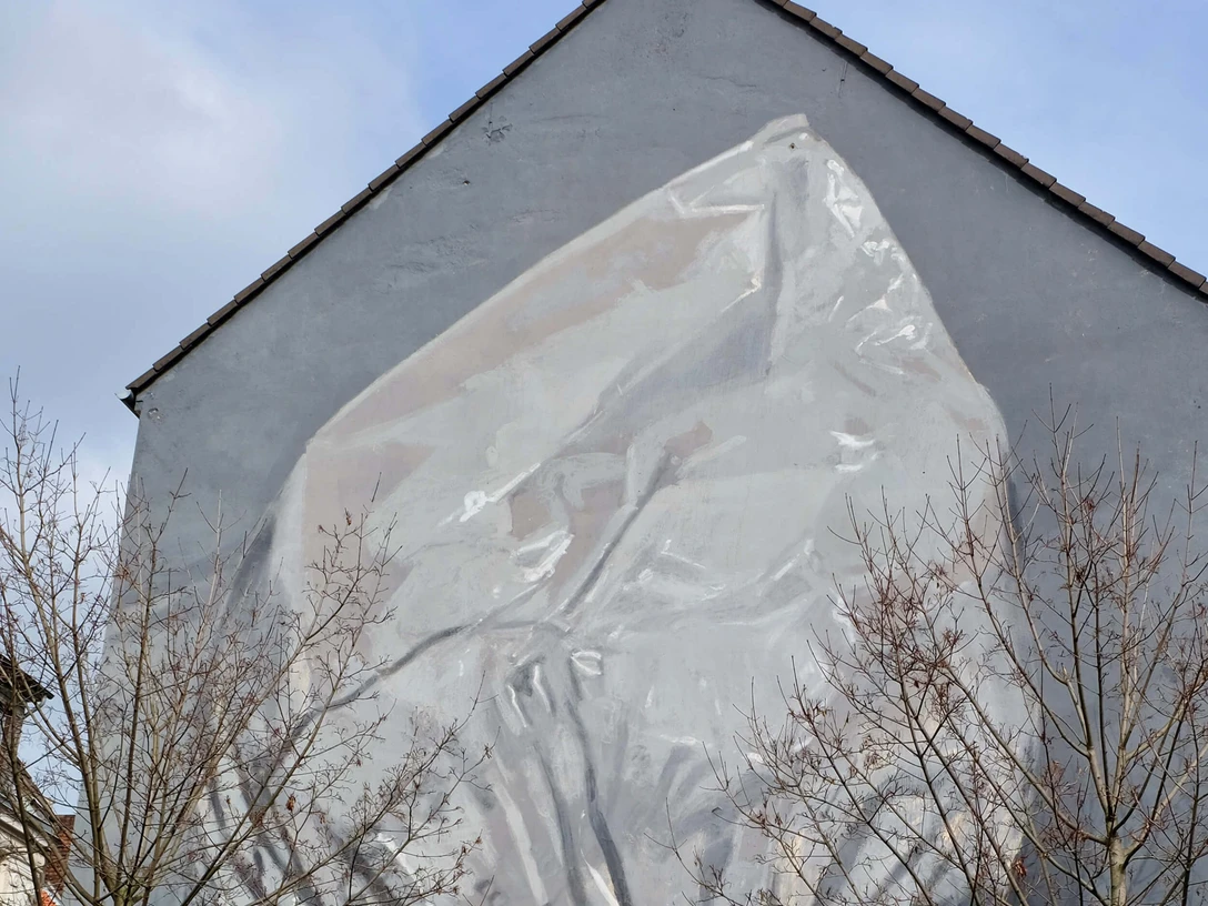 Mural Eine triste, graue Hauswand zeigt ein monumentales Wandgemälde: Ein riesiges, eingewebtes Gesicht, fast transparent und von leichten Falten durchzogen. Vor der Fassade stehen kahle Bäume, die mit ihren Ästen das Bild nicht verdecken, sondern eher umrahmen.A dull, gray house wall shows a monumental mural: a huge, woven-in face, almost transparent and criss-crossed by light folds. Bare trees stand in front of the façade, their branches not obscuring the image, but rather framing it.