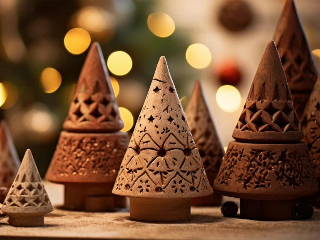 Eco-friendly brown clay ceramic earthy tones alternative Christmas tree. Natural materials brown decorative small clay xmas trees background Eco-friendly brown clay ceramic earthy tones alternative Christmas tree. Natural materials brown decorative small clay xmas trees background