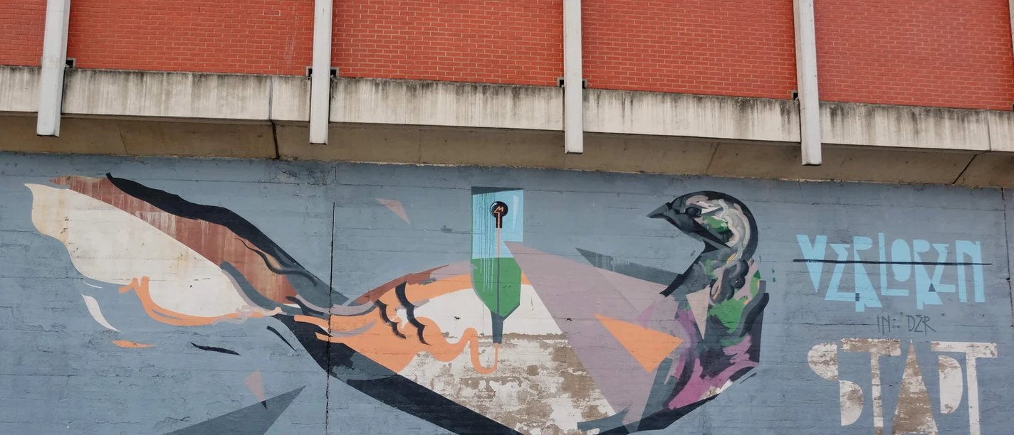 Mural The picture shows a colorful graffiti on a concrete wall. It shows an artistic depiction of a bird designed in geometric shapes and bold colors. A brick wall can be seen above the picture, framing the motif.