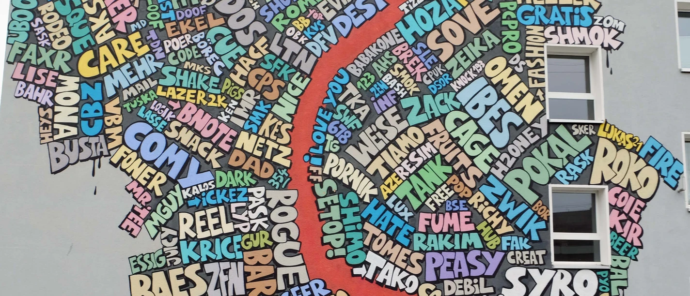 Mural A colorful mural collage in Cologne: words as art form a regional map.