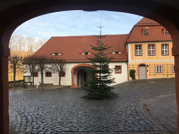 Blick in den Innenhof des Schlosses Weesenstein Blick durch einen Torbogen auf einen gepflasterten Innenhof mit einem Weihnachtsbaum und historischen Gebäuden.