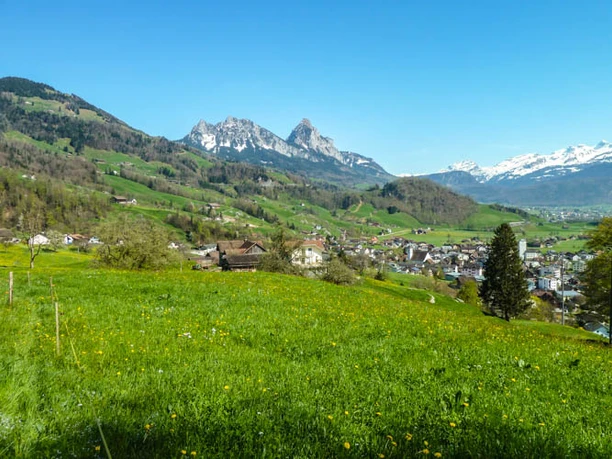 Blick auf Steinen und die Mythen, hinten die Muotathaler Berge.