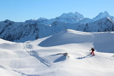 Schneeschuhlaufen oberhalb Chlus mit Aussicht auf Tannhorn und Berner Alpen