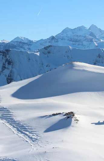 Schneeschuhlaufen oberhalb Chlus mit Aussicht auf Tannhorn und Berner Alpen