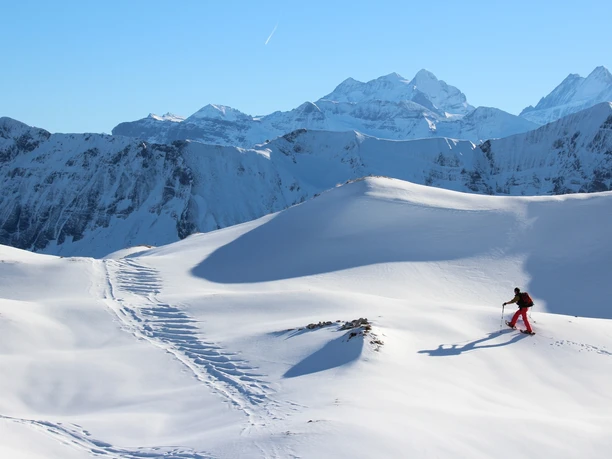 Schneeschuhlaufen oberhalb Chlus mit Aussicht auf Tannhorn und Berner Alpen