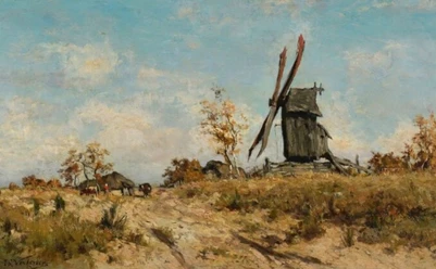 Gemälde von einer Landschaft mit Feldern, Kühen und einer Windmühle.