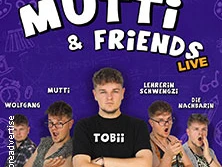 Eine humorvolle Comedy-Veranstaltung mit verschiedenen Charakteren, die vor einem lila Hintergrund posieren.