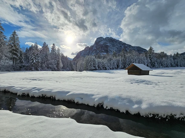 Reschbergwiesen im Winter Winterliche Wiese mit Hütte, verschneiten Bäumen, Bergkulisse und Bach im Sonnenlicht