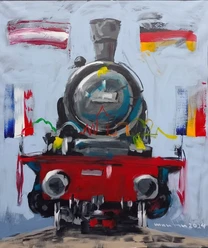 Haller Willem von Ciprian Muntui Gemälde einer historischen Dampflok mit Wimpeln in Nationalfarben, umgeben von abstrakter Kunst.