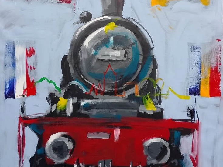 Haller Willem von Ciprian Muntui Gemälde einer historischen Dampflok mit Wimpeln in Nationalfarben, umgeben von abstrakter Kunst.