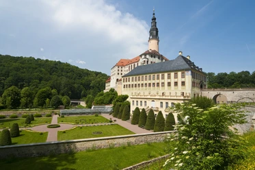 Blick durch einen Torbogen auf einen gepflasterten Innenhof mit einem Weihnachtsbaum und historischen Gebäuden.