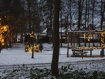 Bad-Driburg_Lichterglanz im Stadtpark_02.jpeg Verschneiter Stadtpark mit festlicher Beleuchtung in Bäumen und einem Pavillon, vorabendliche Stimmung.