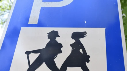 Wanderparkplatz.png Wanderparkplatz-Schild mit Piktogrammen von Wandererpaar auf blauem Hintergrund, grüner Blätterdrang.