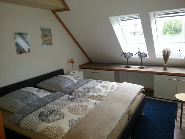 Doppelzimmer mit zwei Fenstern, modernem Doppelbett, blauem Teppich und dekorativen Bildern.