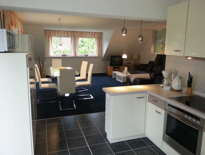 Geräumige Gästewohnung mit offener Küche, Essbereich und Wohnzimmer. Moderne Einrichtung, helle Fenster.