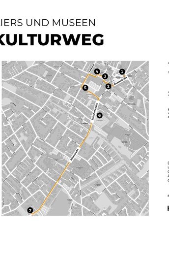 Plan zeigt den Haller Kulturweg mit nummerierten Kunststationen und Stadtplanübersicht.