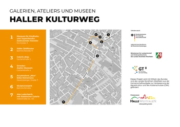 Plan zeigt den Haller Kulturweg mit nummerierten Kunststationen und Stadtplanübersicht.